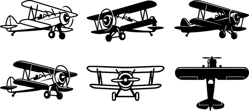 Black and White Vintage Biplane Icons Set with Classic Propeller Aircraft Vector Illustration