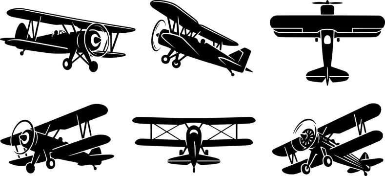 Black and White Vintage Biplane Icons Set with Classic Propeller Aircraft Vector Illustration