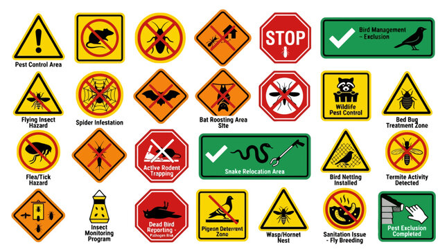 Vector Icons Collection of pest control warning signs and hazard icons for insect and rodent prevention. EPS Editable