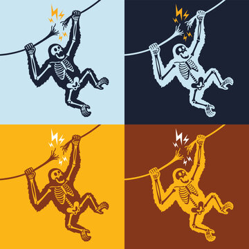Cartoon illustration of a shocked orangutan getting an electric shock while hanging on short circuit wires. Comical animal character design with visible x-ray skeleton effect.