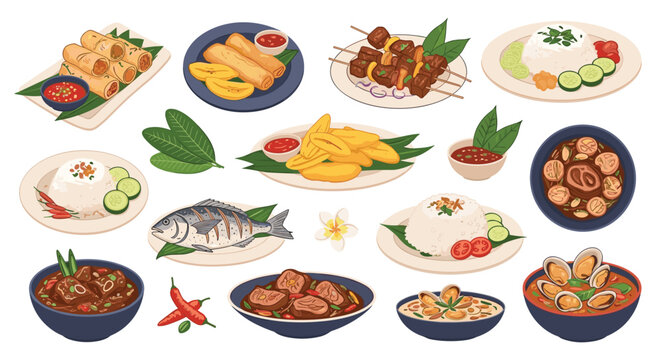 Indonesian traditional food assortment with various authentic dishes like meat satay fried fish and rice plates.