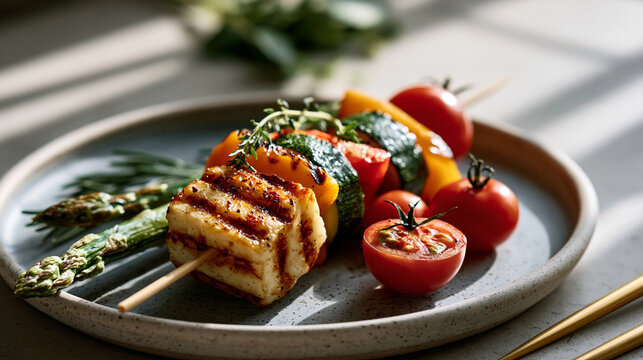 Grilled halloumi and vegetable skewers with zucchini bell pepper and cherry tomatoes showcasing balanced Mediterranean low glycemic dining