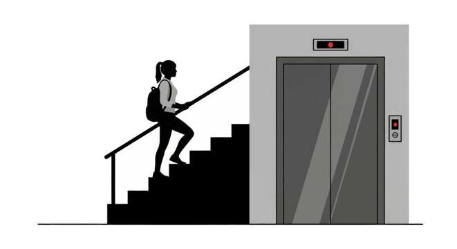 Silhouette of a female figure with a backpack climbing a flight of stairs adjacent to a closed elevator door, illustrating transit options and active lifestyle choices indoors.