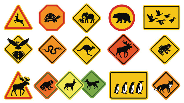 Vector Icons Collection of wildlife crossing road signs with animal silhouettes. EPS Editable