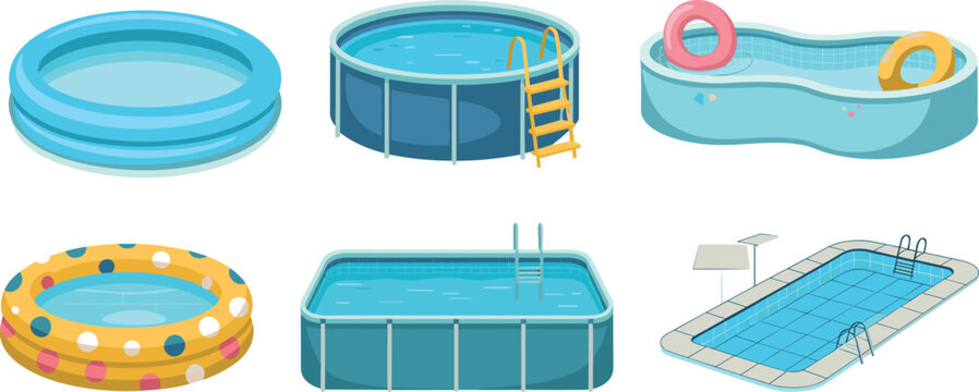 Swimming pool collection set including backyard frame pool inflatable ring and inground pool flat vector illustration isolated on white