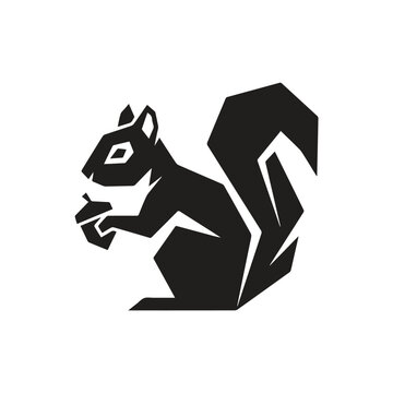 Black and white squirrel holding an acorn minimalist silhouette icon