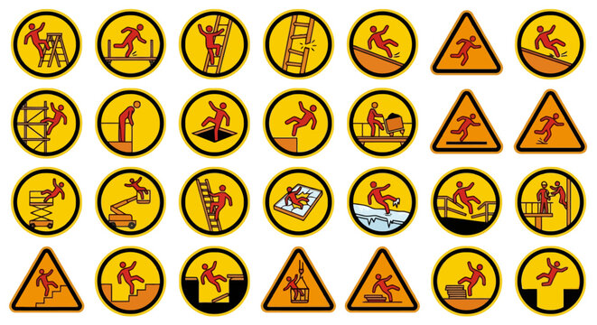 Vector Icons Collection of yellow fall hazard warning signs and safety icons. EPS Editable