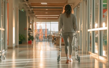 Obraz premium Patient Using Crutches in Bright Rehabilitation Center Hallway with Natural Light and Modern Design