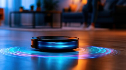 Fototapeta premium A futuristic robotic vacuum cleaner glows with colorful lights while gliding over a hardwood floor