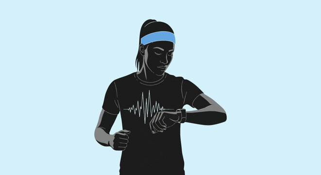 Vector illustration of a young female athlete checking her smartwatch after a run, wearing a headband and a t-shirt with a heartbeat pulse graphic on a light blue background.