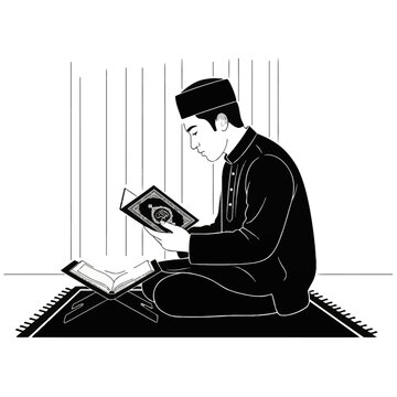 Black and white vector illustration of a young Muslim man wearing a songkok sitting cross-legged on a prayer mat and reading the Holy Quran with another open book on a wooden stand.