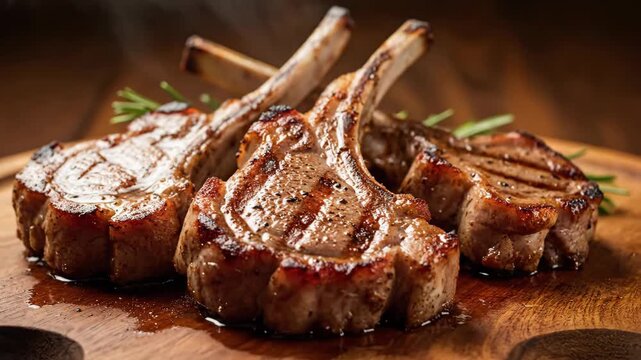 Grilled lamb chops on wooden board with herbs and sauce