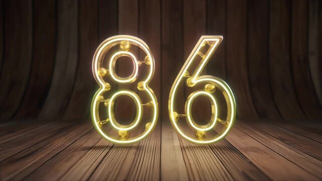 Golden Realistic set of neon retro number 86 for decoration and covering on the wooden