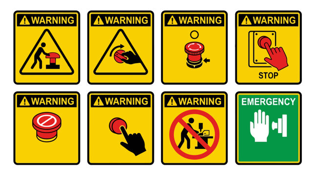 Vector Icons Emergency stop button warning signs and industrial safety labels set. EPS Editable