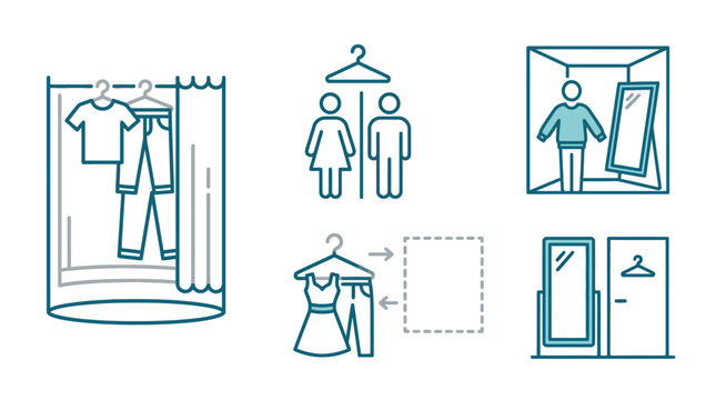 Vector Icons Fitting room and changing room vector line icons set for clothing store and shopping. EPS Editable