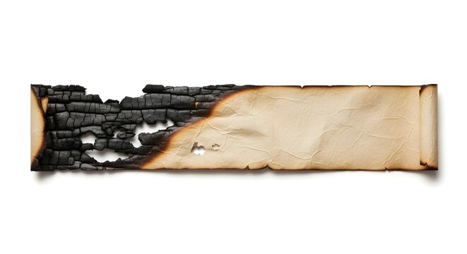 Burnt parchment paper with charred edges and cracked texture on white background