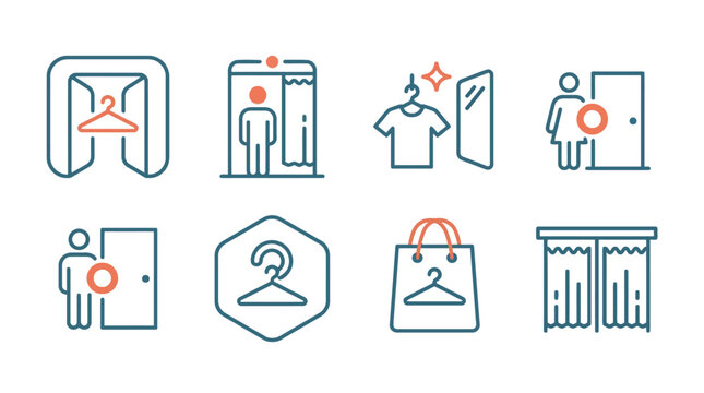 Vector Icons Fitting room and changing cabin line icons set. EPS Editable
