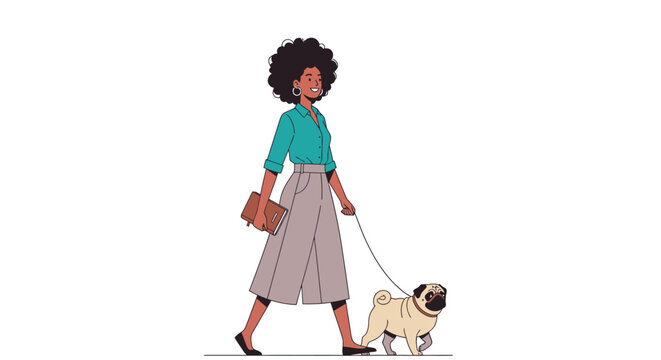 Woman walking pug dog on leash outdoors.