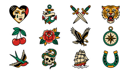 Collection of traditional American tattoo flash icons. © Dzakil