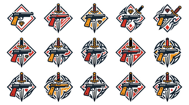 Diamond shaped pistol and handgun badges in tattoo style.