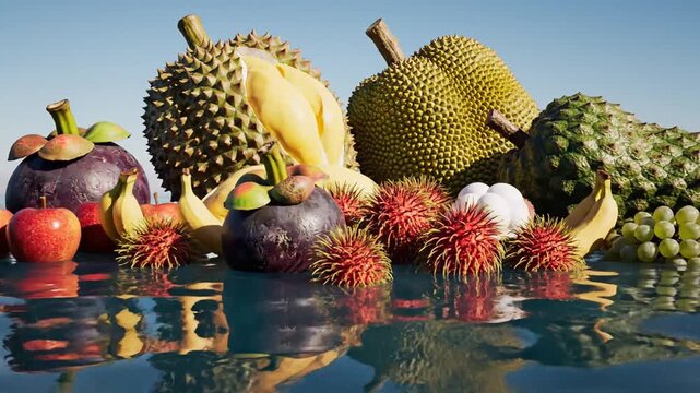 Tropical and fresh fruits floating on clear blue water