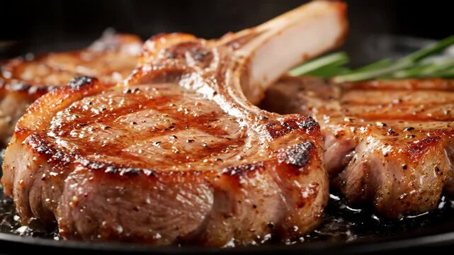 Grilled pork chops on plate with herbs, juicy and delicious
