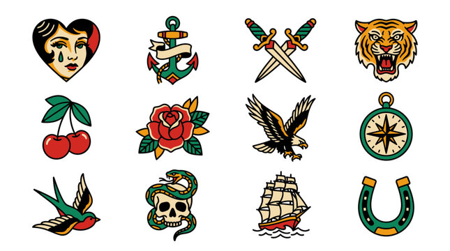 Collection of traditional American tattoo flash icons.