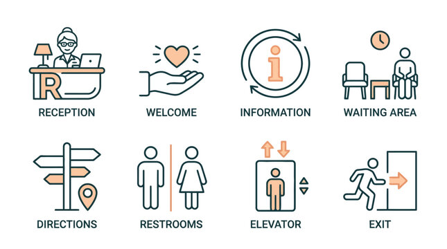 Vector Icons Hotel and office navigation line icons set including reception welcome information waiting area directions restrooms elevator and exit. EPS Editable