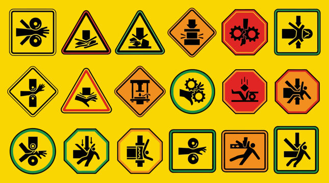 Vector Icons Industrial machinery hazard warning signs collection on yellow background. EPS Editable