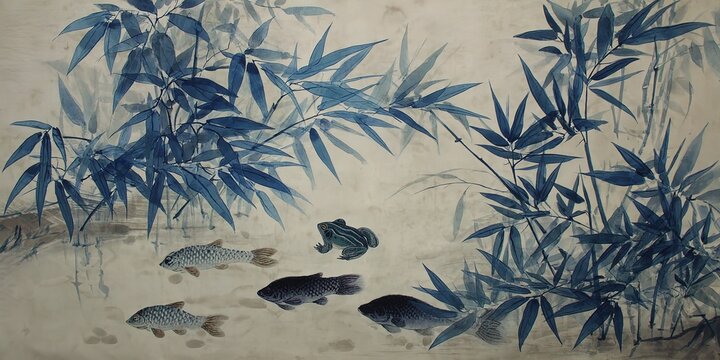 Japanese Style Ink Bamboo Blue Leaves Soft Gray Bottom Aquatic Frogs Fish Cream Pool Vertical Composition Muted Tones