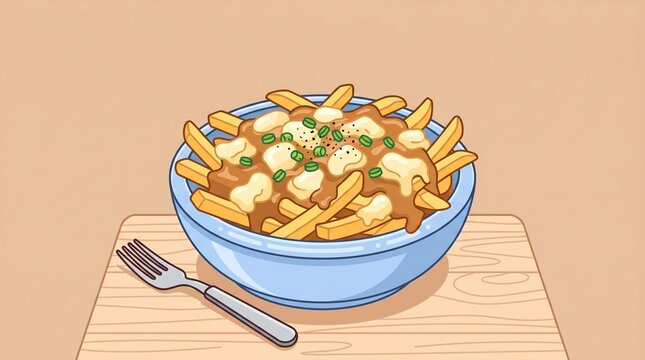 Flat Vector Illustration of Poutine with Gravy and Cheese