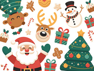 Naklejka premium Santa Claus Christmas Tree Reindeer Snowman Gifts