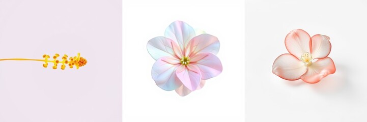 Fototapeta premium Floral triptych. Delicate blooms showcase pastel hues, soft lighting, minimal composition. Gentle beauty radiates from each panel.