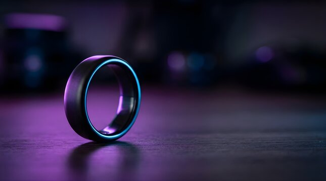 Modern matte black smart ring tracking health on a dark purple background