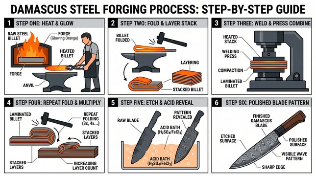 Damascus Steel Forge Fold Layer Pattern Process Diagram Illustration