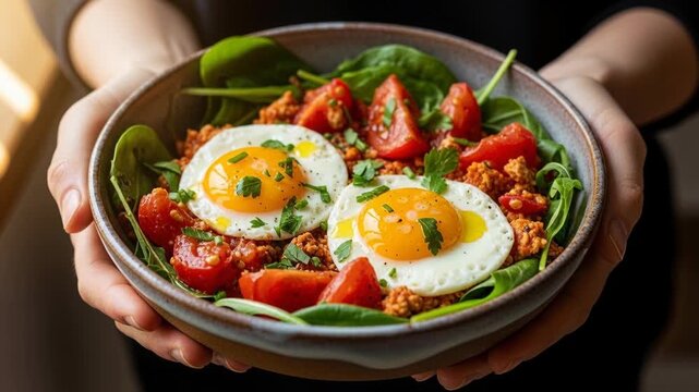 A healthy, vibrant and organic salad made up of tomatoes, peppers, lettuce, basil and spinach topped with herbs and two fried eggs in a neutral colored bowl
