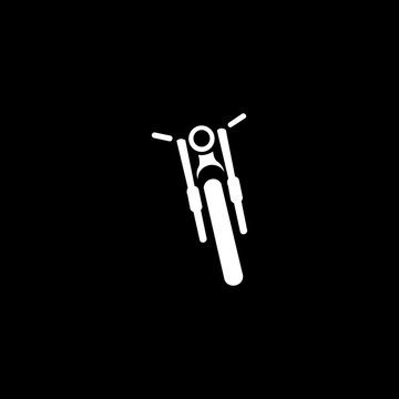 A clean, high-contrast vector icon depicting the front-facing silhouette of a motorcycle, emphasizing its structural form.