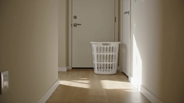 Empty plastic laundry basket standing in a hallway.