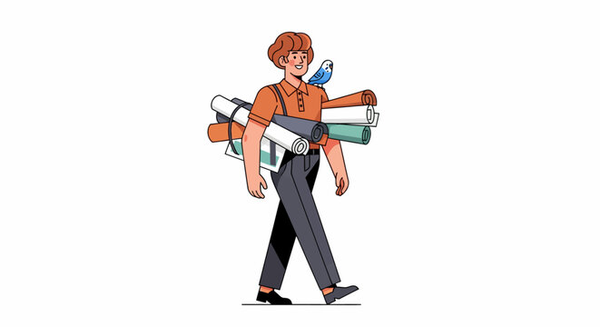 Cartoon man carrying many electronic devices and items.