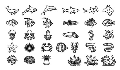 Marine Wildlife Outline Icons Featuring Ocean Animals, Orcas, Dolphins and Tropical Fish Collection © Rashel12