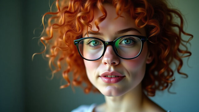 House Young Woman With iteration Curly Red Hair Wearing Glasses Looking Directly at the Camera