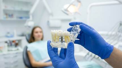 Fototapeta premium Dentist holding dental implant model with blue gloves