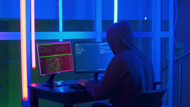 Penetration Testing Dark Cyber Hacker Back View Working on Multiple Computer Mainframes in 4K Ultra HD footage
