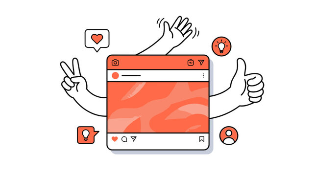 Illustration of a social media post surrounded by hands making thumbs-up, peace signs, and waving, with icons for likes and ideas.