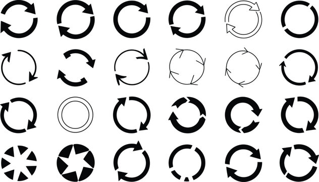 Collection of circular refresh and reload icons and arrows with circular rotation interface