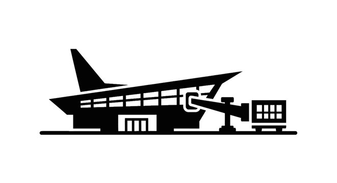 Modern angular airport terminal building silhouette with jet bridge
