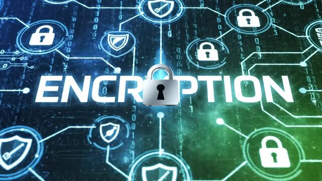 Digital encryption text with network security icons.