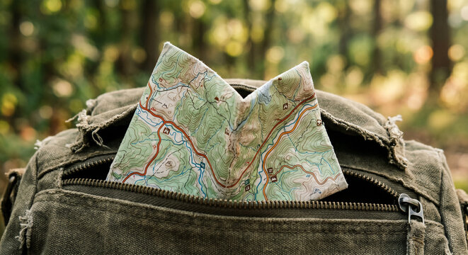 Folded paper map tucked inside backpack pocket, symbolizing travel planning, navigation, adventure preparation, exploration journey, and offline wayfinding in modern digital era lifestyle.