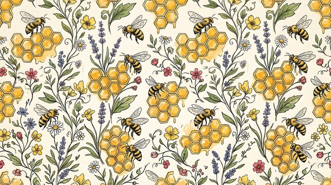 Seamless pattern with honey bees, honeycomb structures, and wild meadow flowers in a hand drawn watercolor illustration style