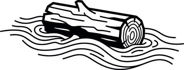 Rustic wood log floating on water ripples, black and white timber branch vector illustration, minimalist forest nature icon for camping and outdoors © Shuvo